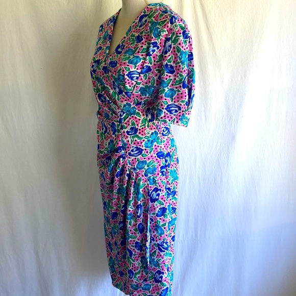 Vintage 1980s Pink Polka Dot Floral Cocktail Dress Sz 10 - Picture 2 of 12
